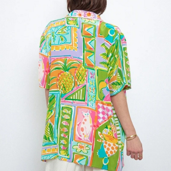 Bob Mackie Wearable Art Silk Open Front Kimono Top Cats Monkeys Fruit Fish sz S - Picture 3 of 16